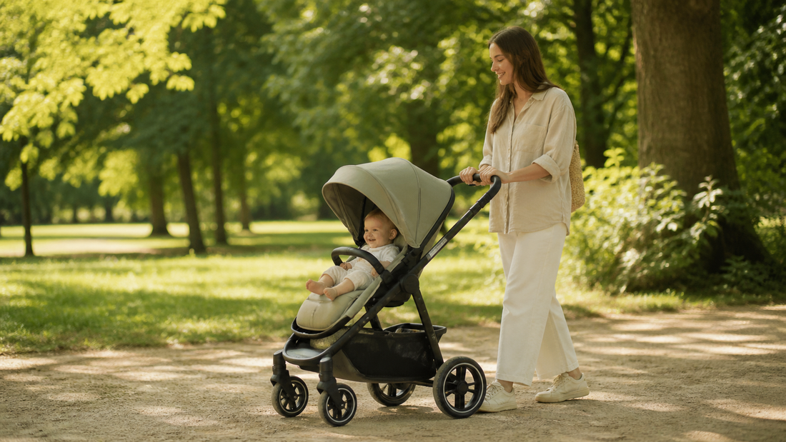Parent se promenant avec son bébé en poussette dans un parc verdoyant en été, lumière naturelle douce