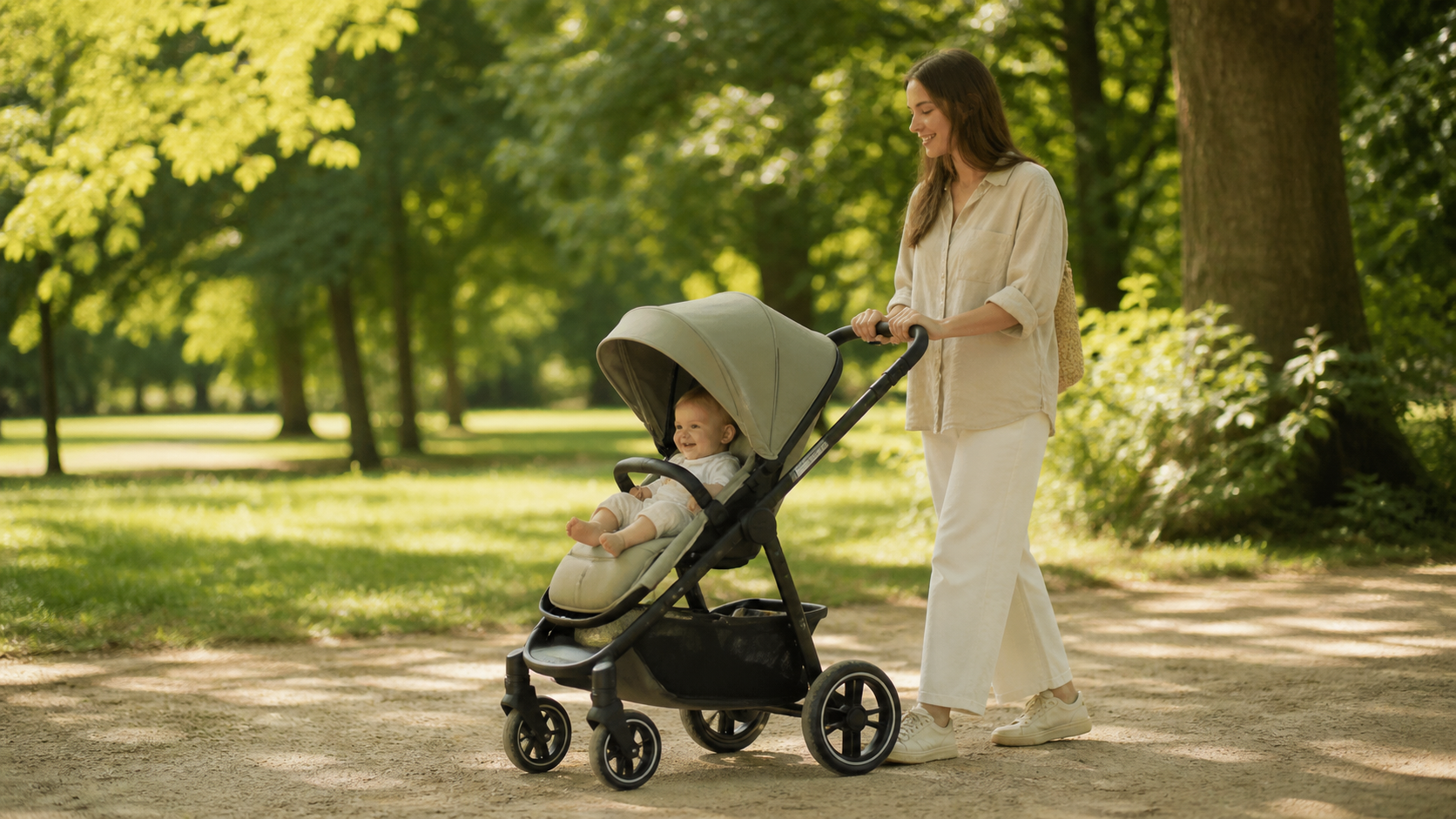 Parent se promenant avec son bébé en poussette dans un parc verdoyant en été, lumière naturelle douce