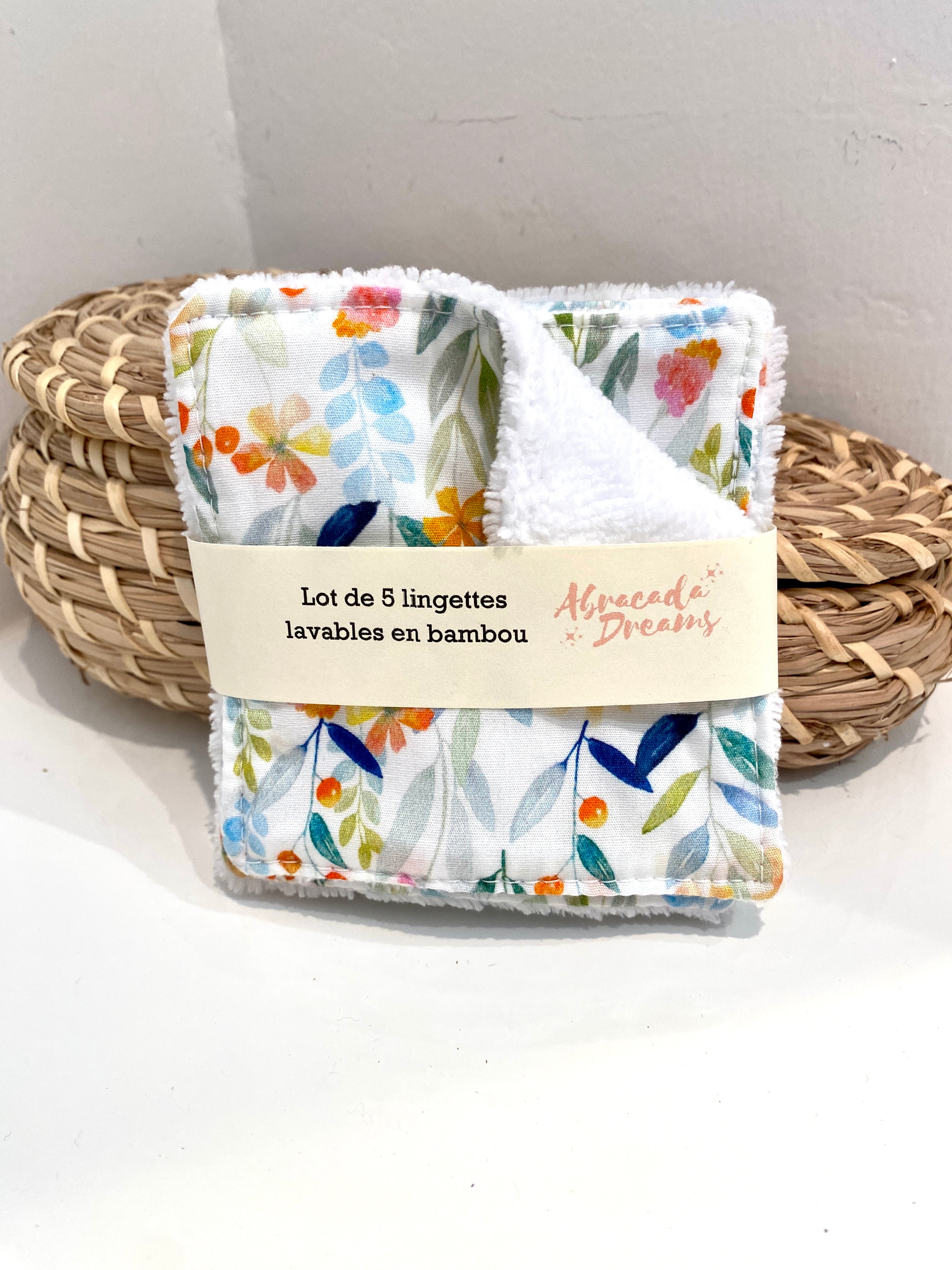 5 pads demaquillants lavables et réutilisables en coton et bambou