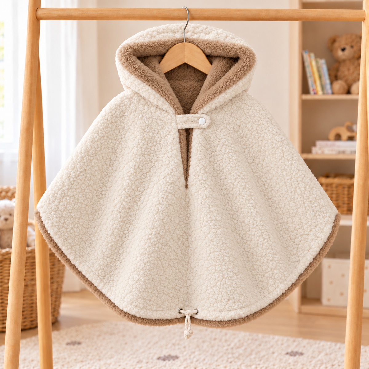 Poncho pour enfant en tissu bouclé écru, suspendu sur un portant en bois, avec capuche et bordure doublées de fourrure beige.