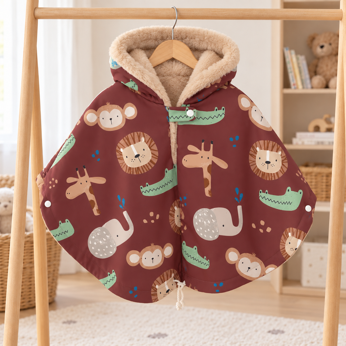 Poncho pour enfant marron à motifs de lions, singes, girafes, crocodiles et éléphants, suspendu sur un portant en bois, avec capuche doublée de fourrure beige.