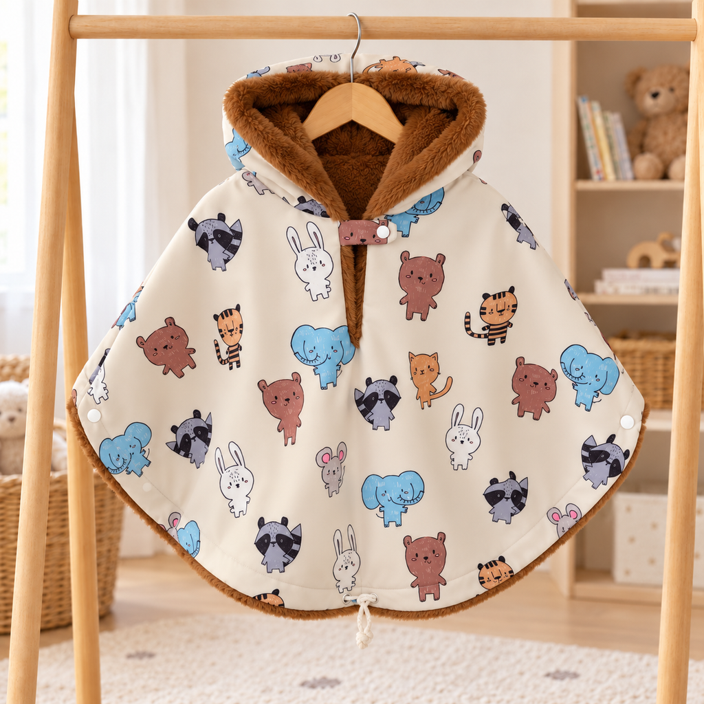 Poncho pour enfant à fond crème et motifs de petits animaux colorés, suspendu sur un portant en bois, avec capuche doublée de fourrure brune.