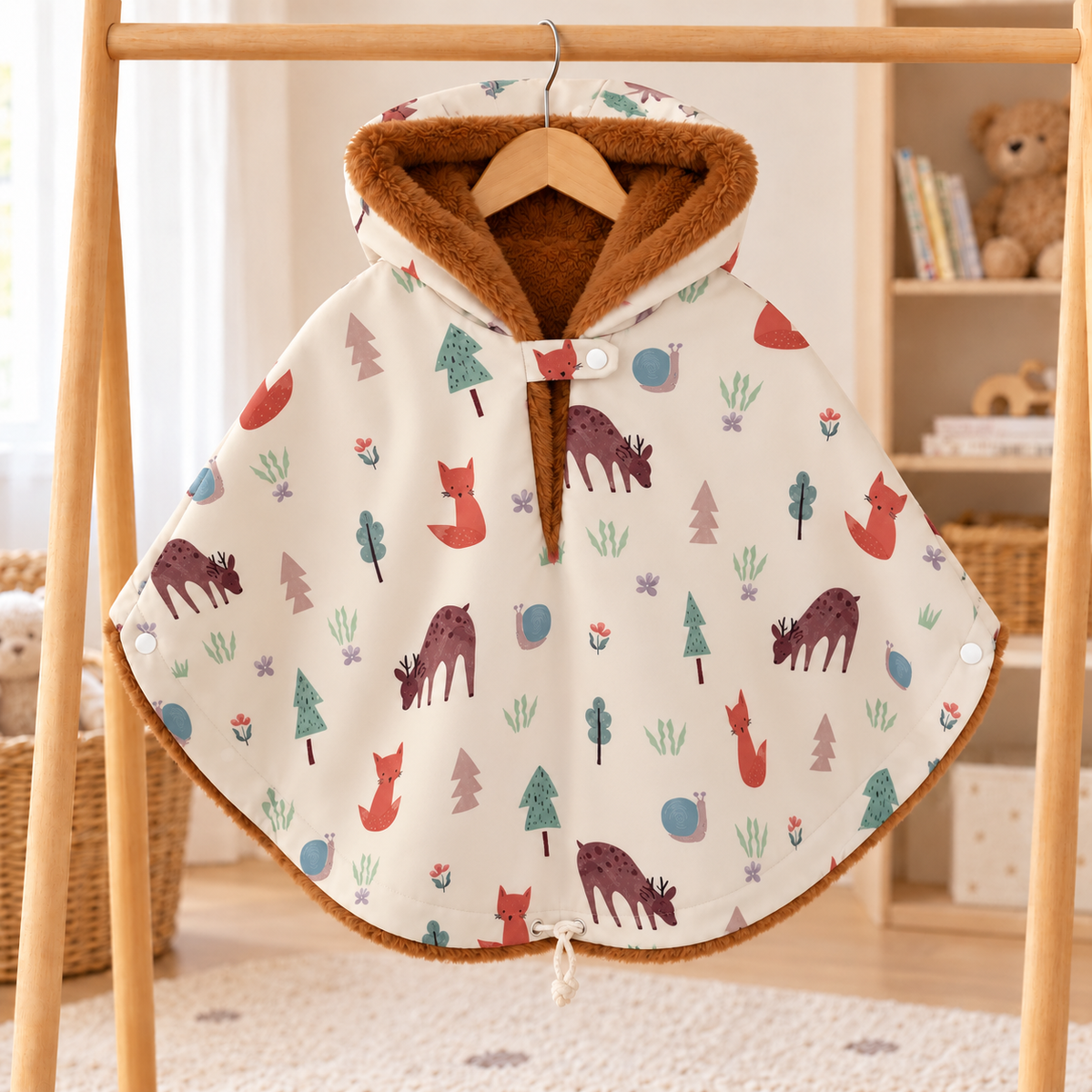Poncho pour enfant à fond ivoire, décoré de renards, de cervidés et de petits motifs de forêt, suspendu sur un portant en bois, avec capuche doublée de fourrure brune.