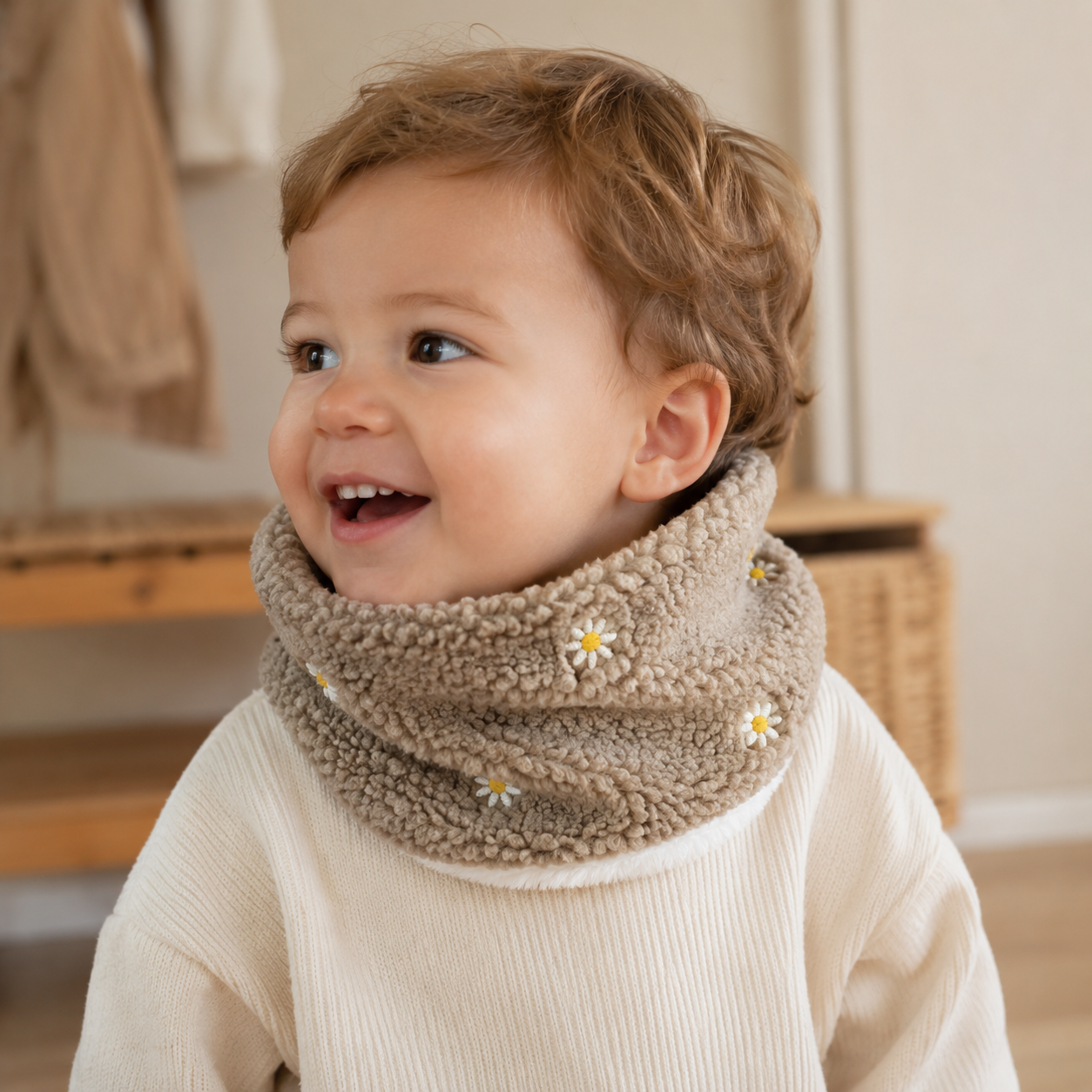 Enfant de 2 ans portant un snood chaud beige à marguerites, doublé tout doux – Abracada Dreams