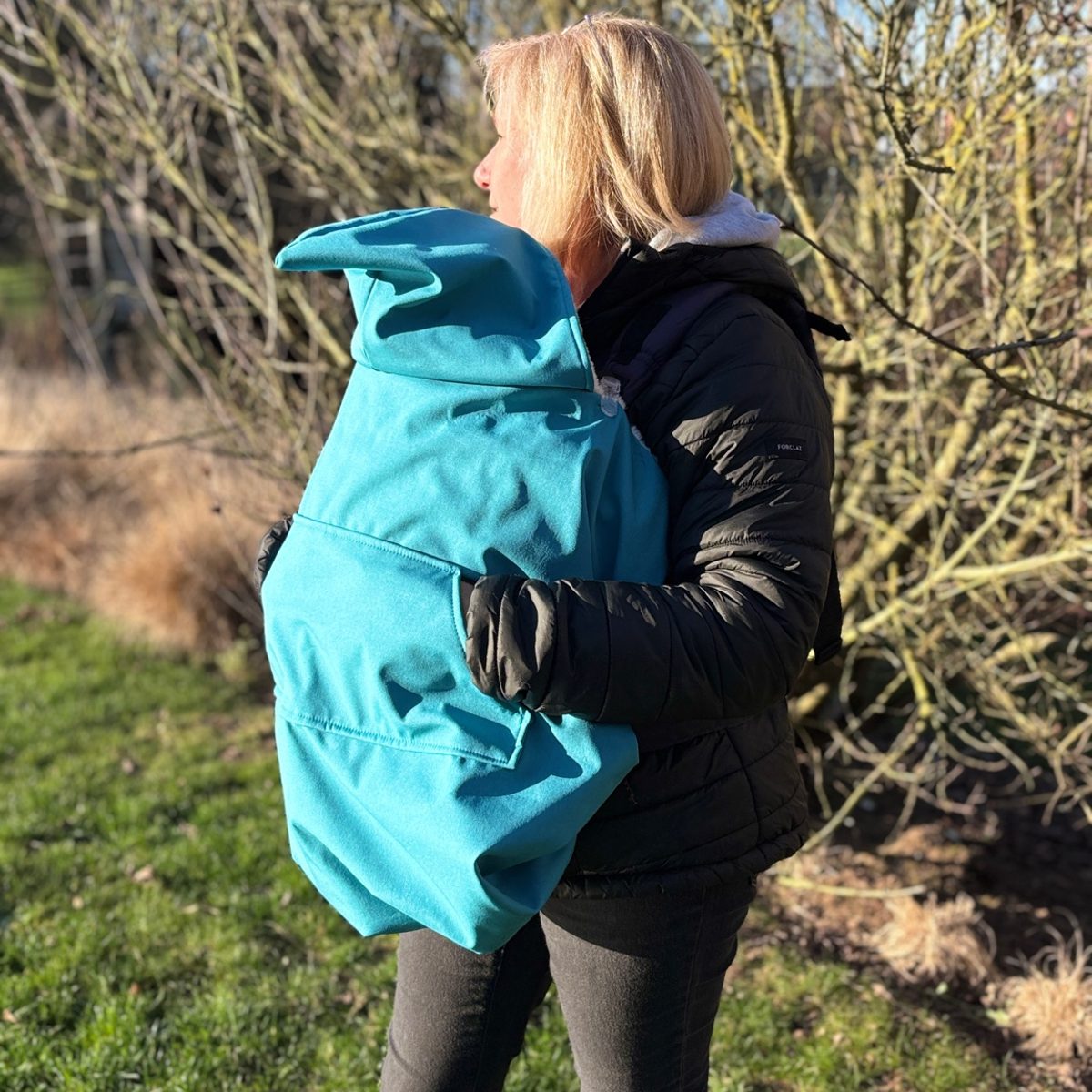 Couverture portage bebe bleu turquoise softshell Abracada Dreams