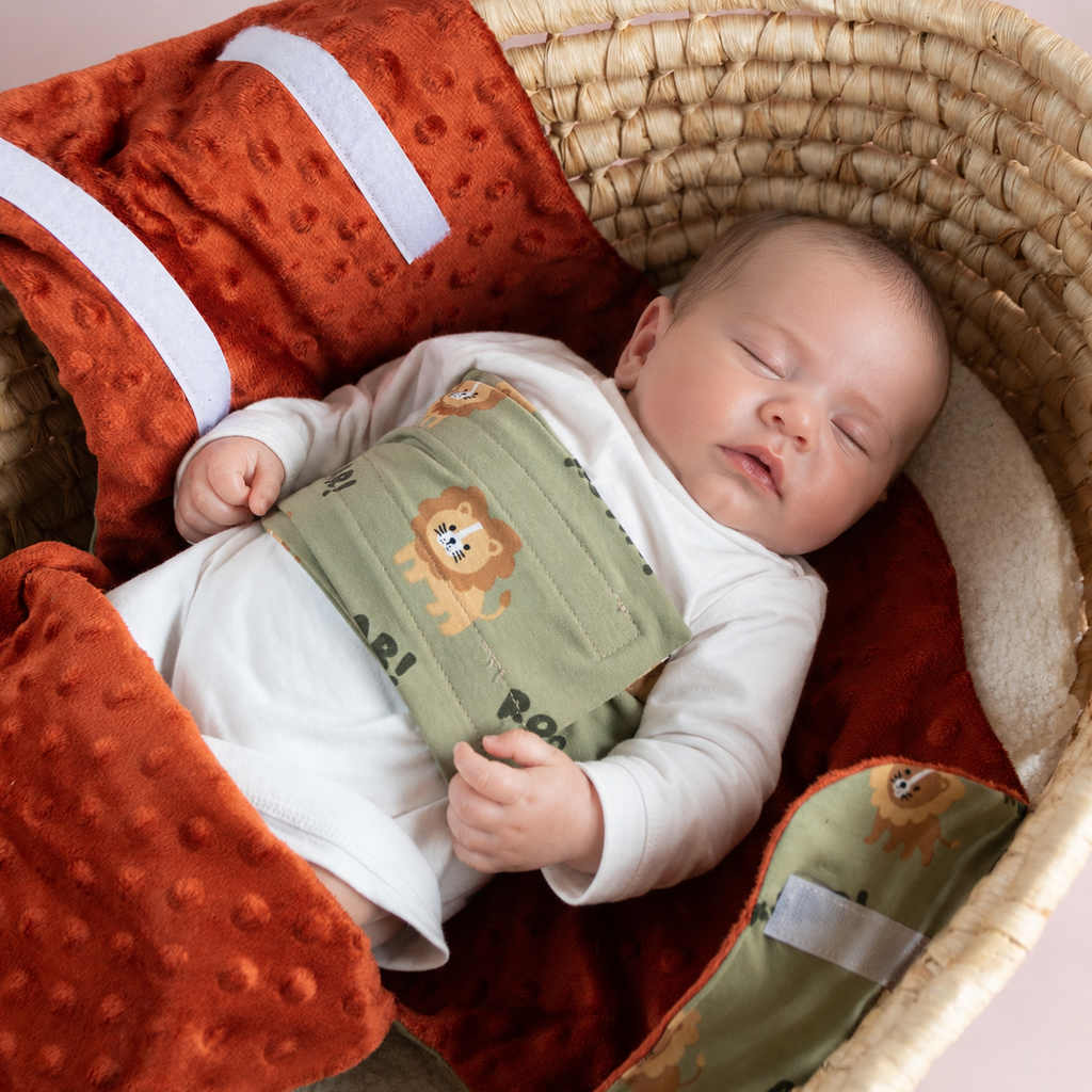 Bébé endormi dans un cocon d’emmaillotage motif lions “ROAR!” dans un panier en osier.