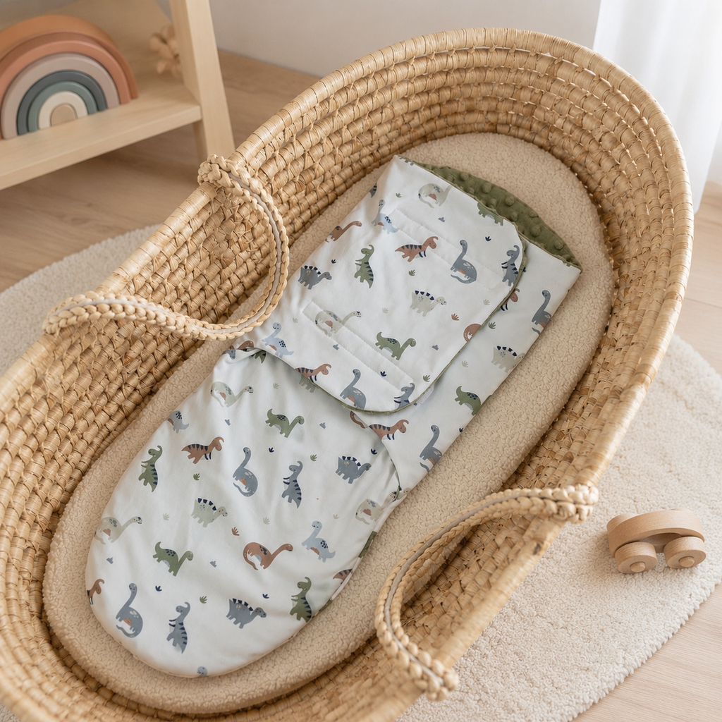Cocon d’emmaillotage motif dinosaures présenté dans une chambre d’enfant au style doux et naturel.