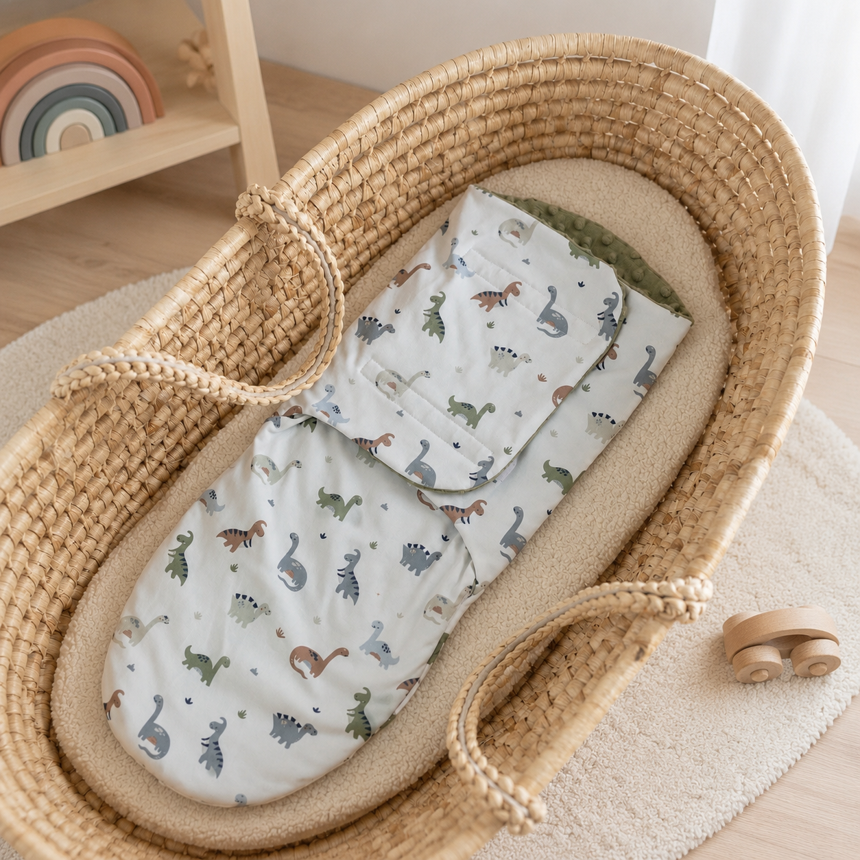 Cocon d’emmaillotage motif dinosaures présenté dans une chambre d’enfant au style doux et naturel.