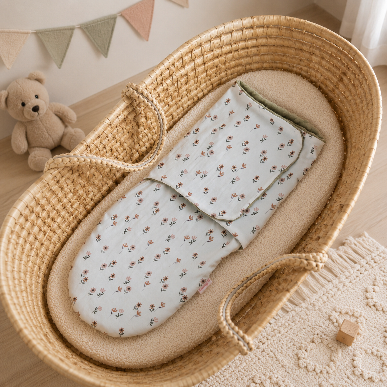 Cocon d’emmaillotage fleuri présenté dans une chambre bébé minimaliste et lumineuse.
