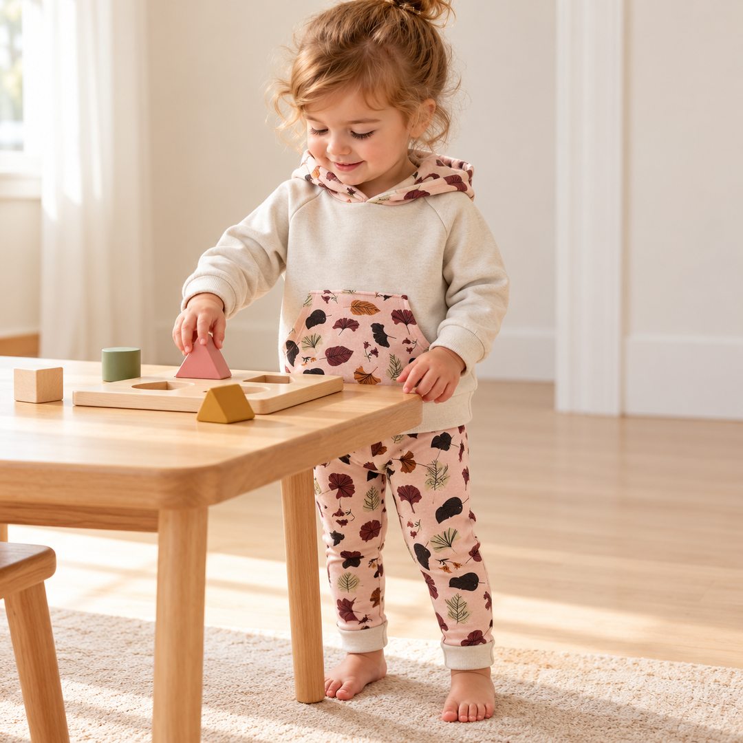  Enfant de deux ans jouant avec un puzzle, portant un ensemble évolutif sweat écru et legging rose à feuilles, bords repliés.