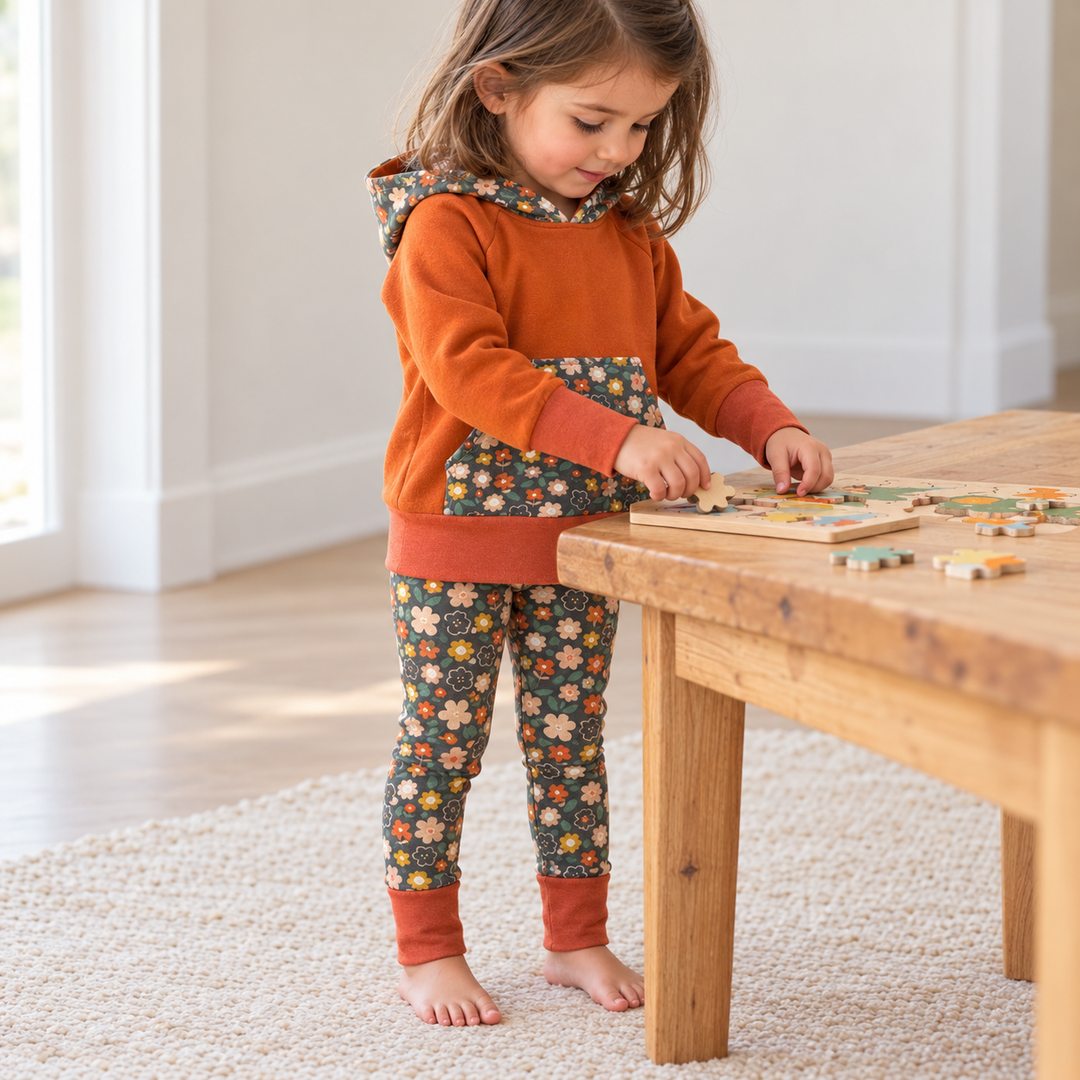 Fille de trois ans faisant un puzzle, vêtue d’un sweat terracota et d’un legging à fleurs sur fond foncé, tous les bords dépliés.