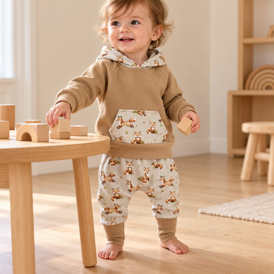 Enfant jouant avec des cubes en bois, portant un sweat camel à poche imprimée et un sarouel clair à petits renards.