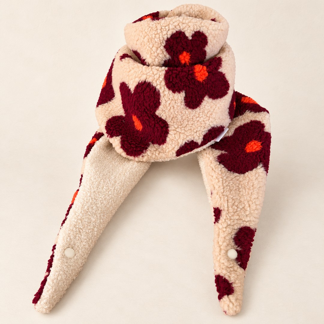 Foulard enfant en tissu bouclé beige à grandes fleurs bordeaux et cœurs orange, avec doublure beige, présenté sur fond crème.