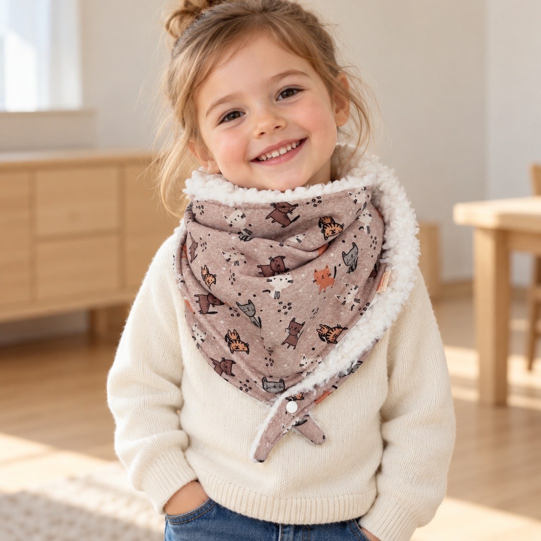 Foulard enfant taupe à motifs de petits chats, avec doublure blanche, porté par une petite fille.