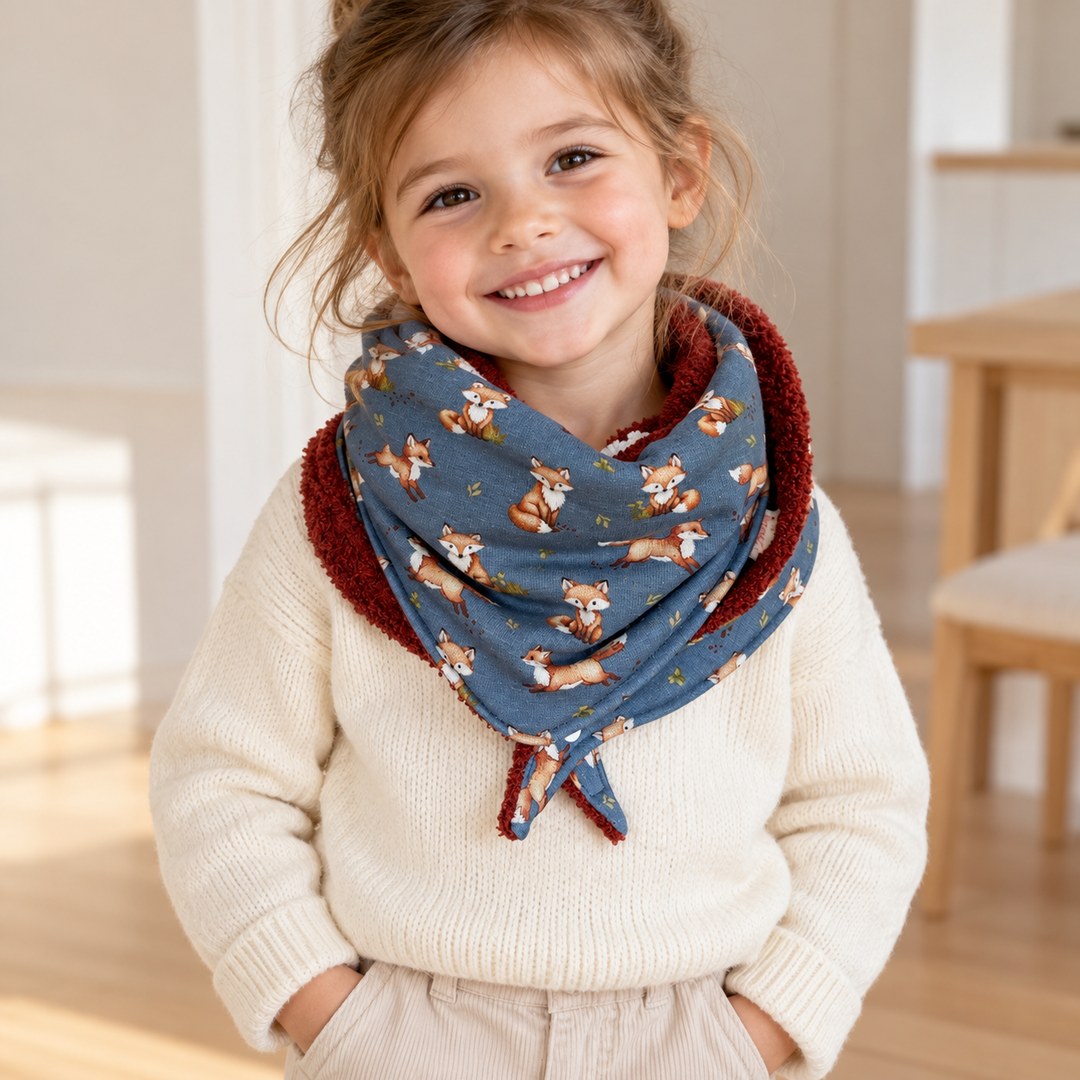 Foulard enfant bleu à motifs de renards, avec doublure bordeaux, porté par une petite fille avec les pans croisés.