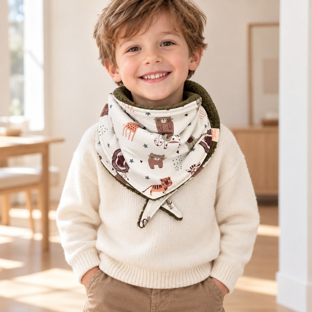 Foulard enfant écru à motifs d’animaux de la savane, avec doublure kaki, porté par un petit garçon.