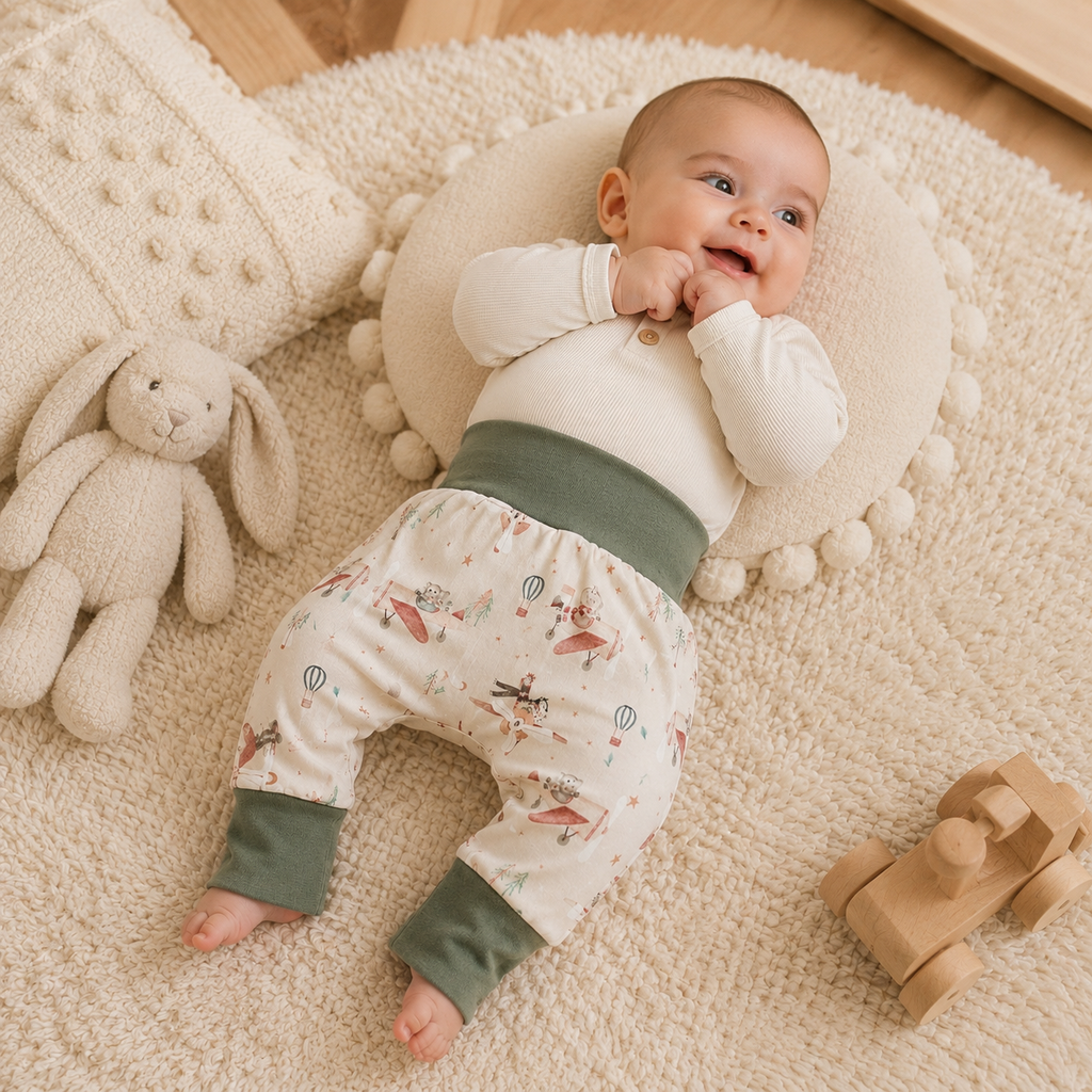 Bébé allongé sur un tapis moelleux portant un pantalon évolutif bébé à motifs avions vintage et montgolfières.