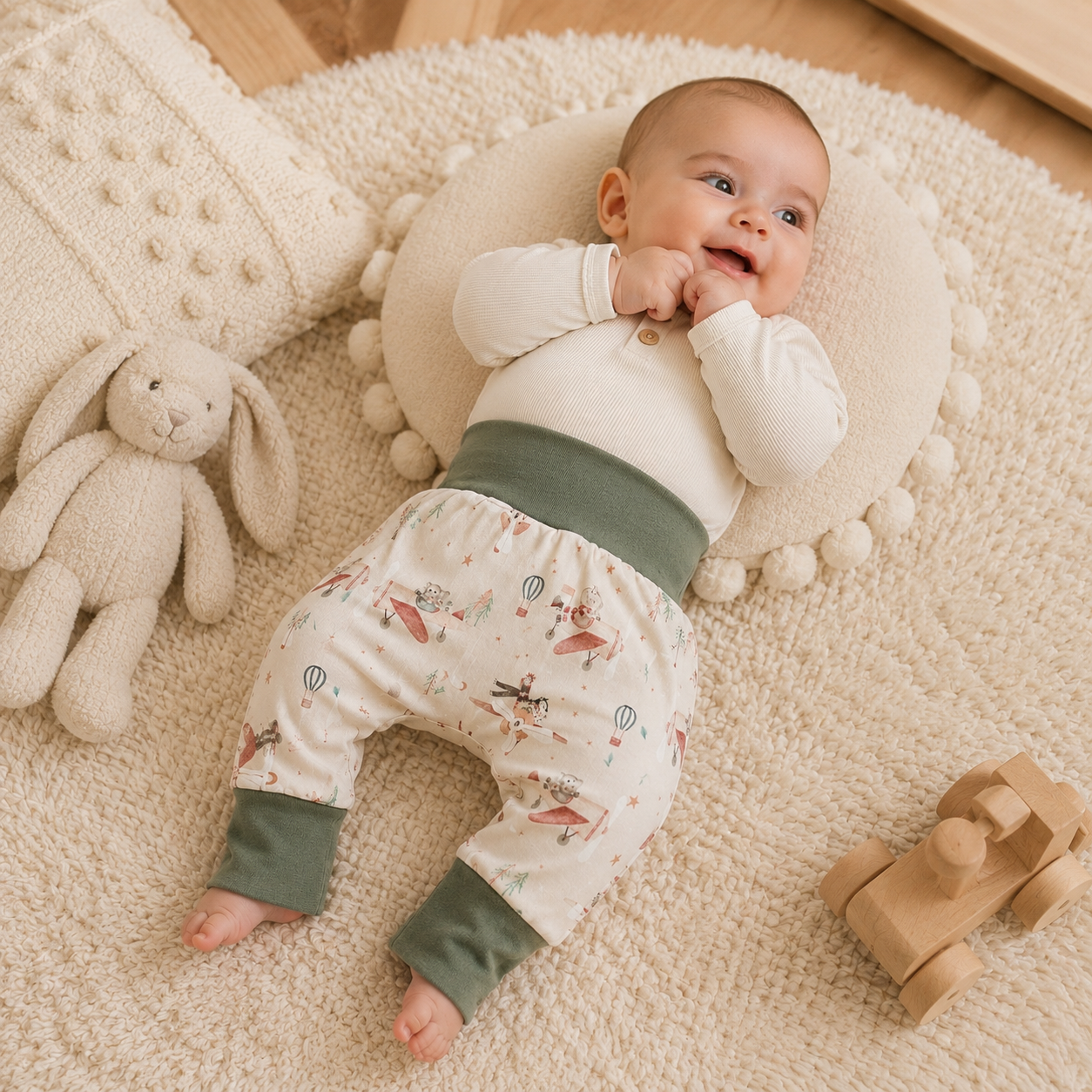 Bébé allongé sur un tapis moelleux portant un pantalon évolutif bébé à motifs avions vintage et montgolfières.