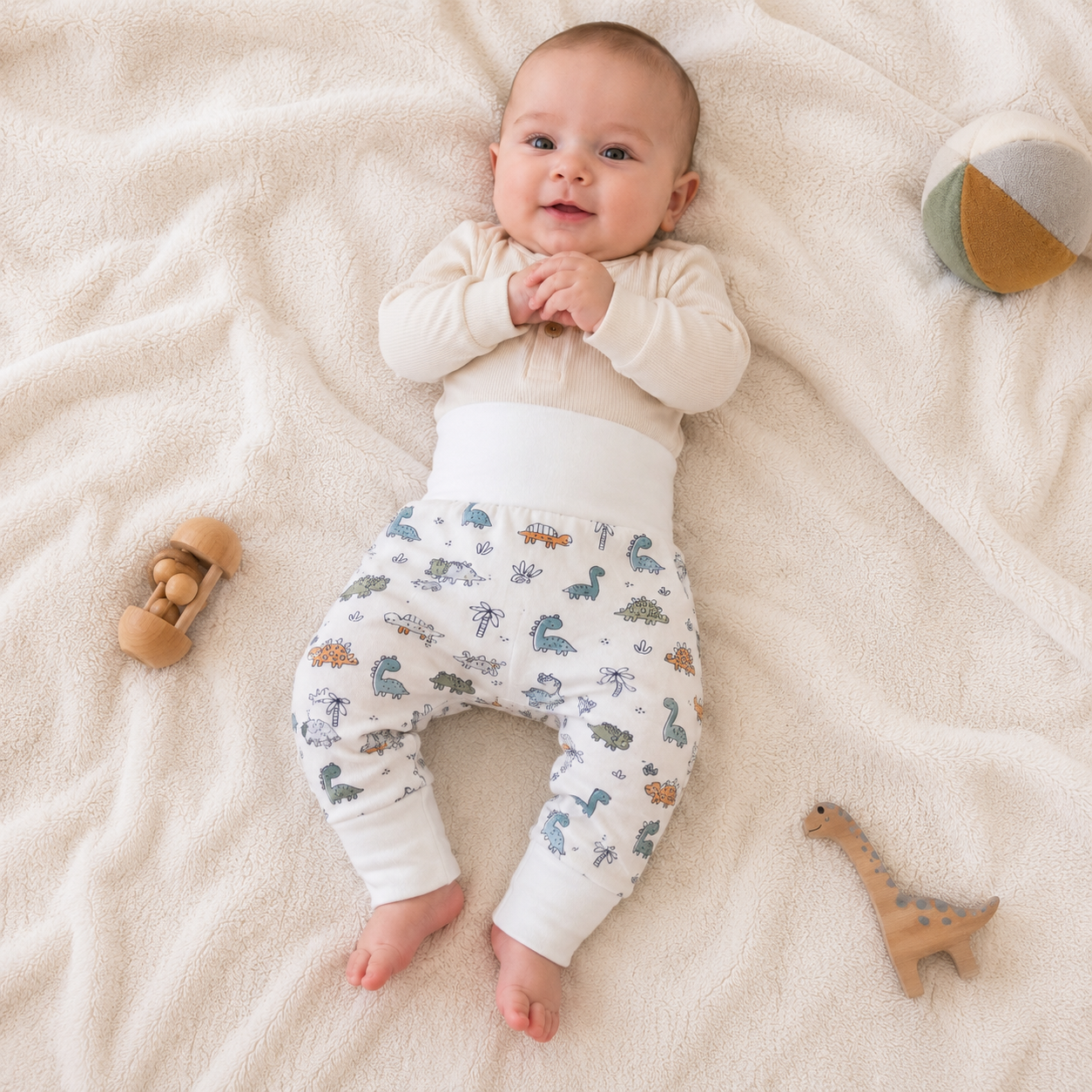 Bébé couché dans une chambre d’enfant portant un pantalon évolutif à motifs dinosaures bleu et blanc.