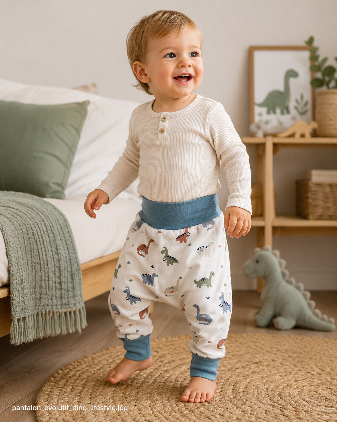 Bébé debout dans une chambre d’enfant portant un pantalon évolutif à motifs dinosaures bleu et blanc.