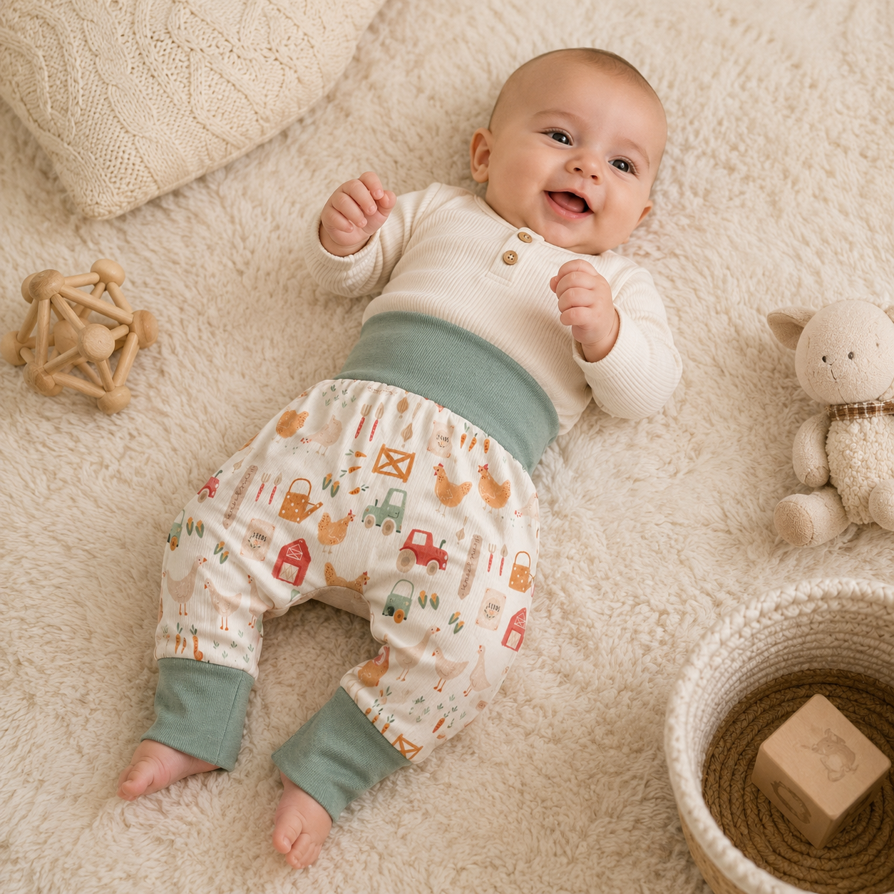 Bébé portant un pantalon évolutif à motifs ferme et animaux dans une ambiance cocooning de chambre bébé.