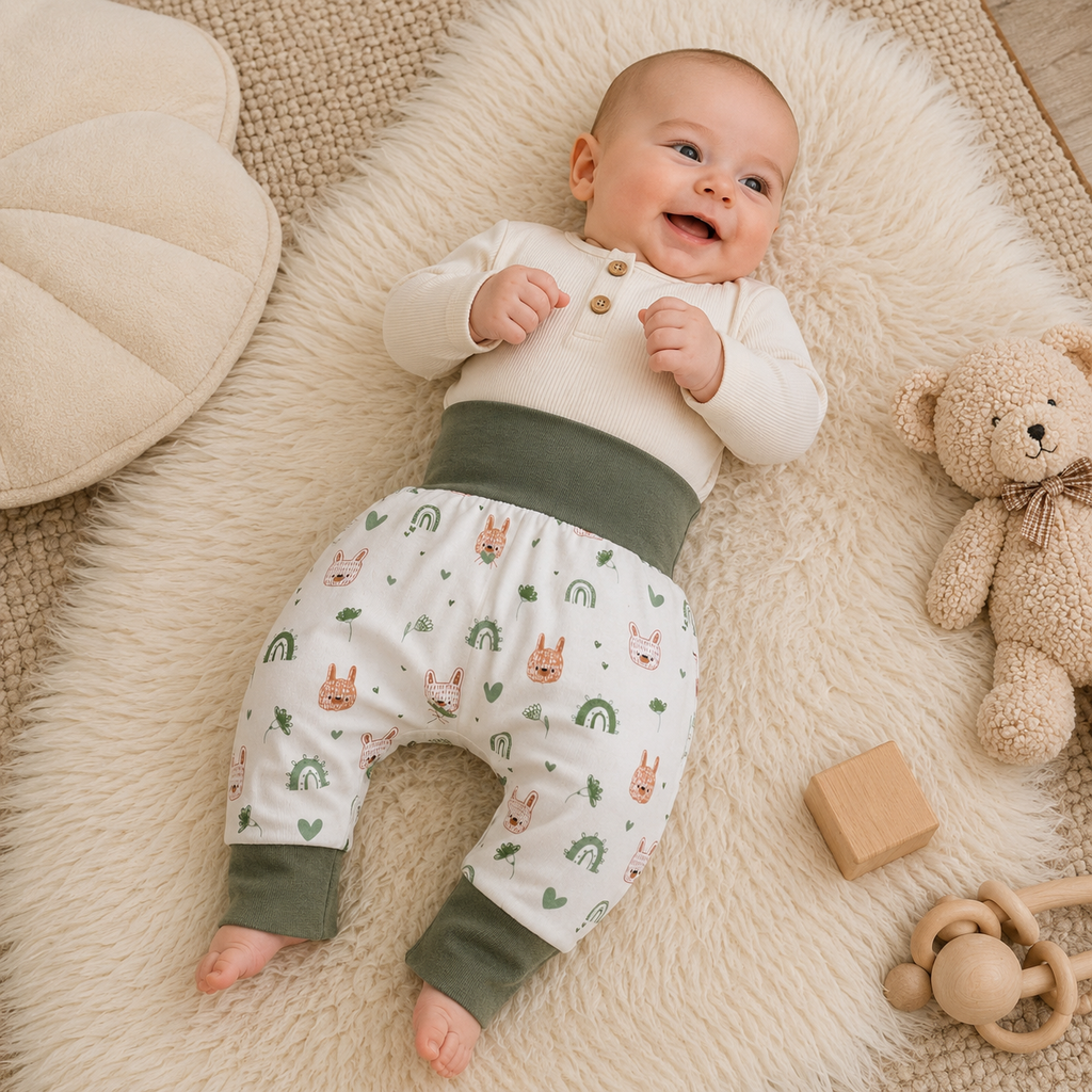 Bébé allongé sur un tapis crème portant un pantalon évolutif à motifs lapins et arcs-en-ciel verts.