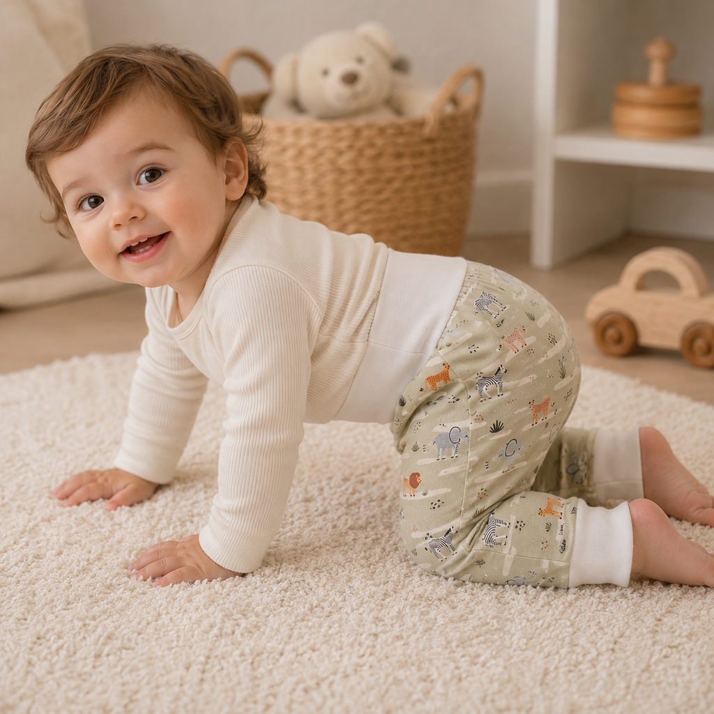 Bébé souriant portant un pantalon évolutif à motifs animaux de la savane kaki