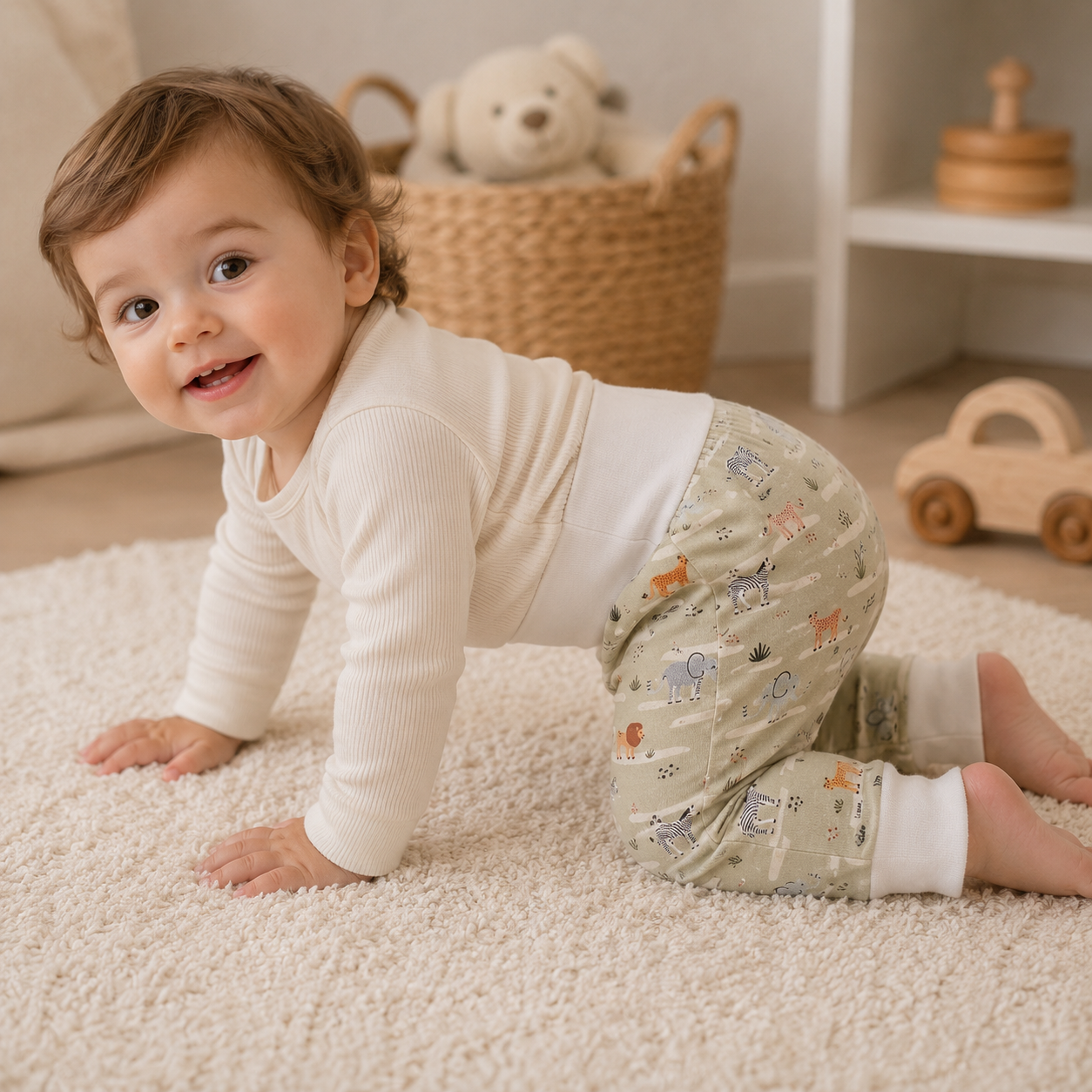 Bébé souriant portant un pantalon évolutif à motifs animaux de la savane kaki