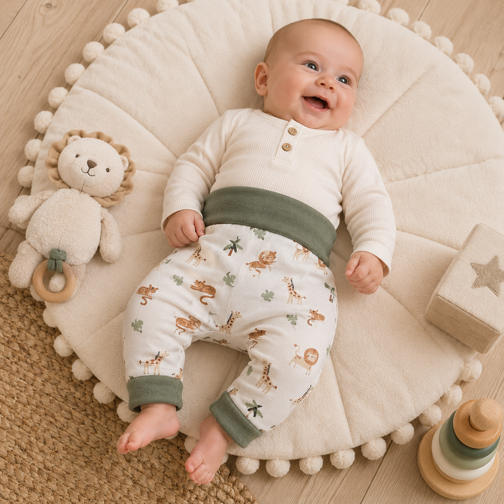 Bébé souriant portant un pantalon évolutif à motifs animaux de la savane avec revers retroussés.