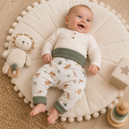 Bébé souriant portant un pantalon évolutif à motifs animaux de la savane avec revers retroussés.