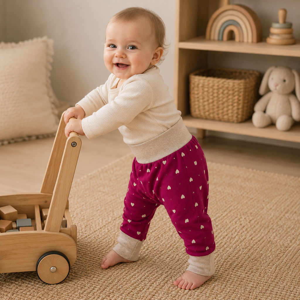 Bébé debout avec pousseur en bois portant un pantalon évolutif fuchsia à petits cœurs