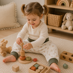 Petite fille jouant sur un tapis avec pantalon évolutif fleuri beige et vert