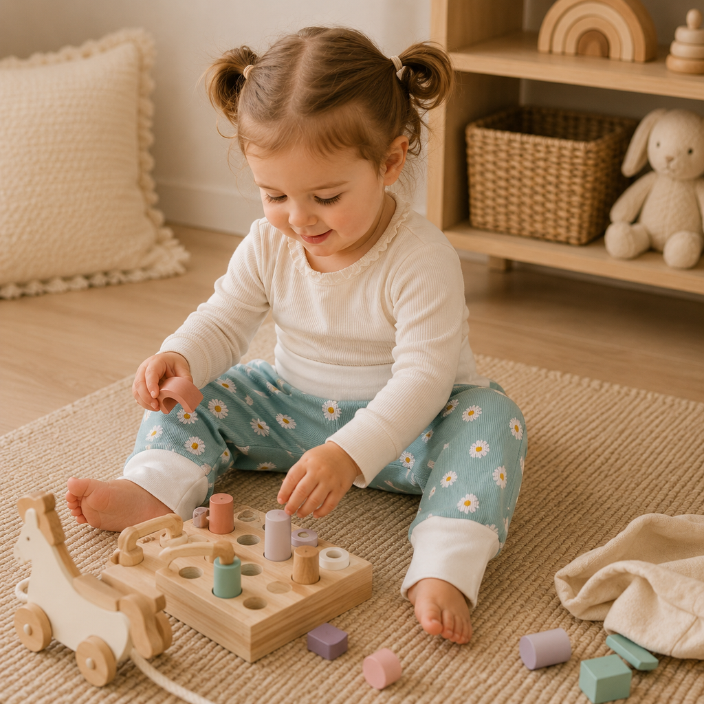 Petite fille assise jouant avec des jouets en bois portant un pantalon évolutif vert d’eau à fleurs
