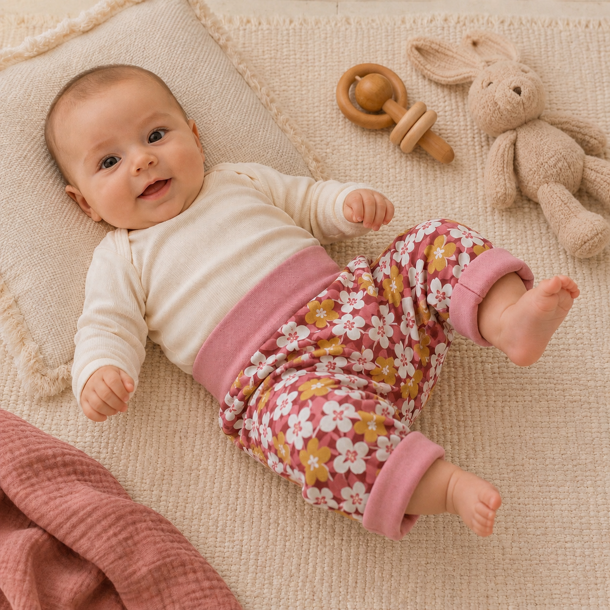 Nourrisson allongé sur une couverture beige portant un pantalon évolutif à fleurs vintage roses avec taille et chevilles retroussées.