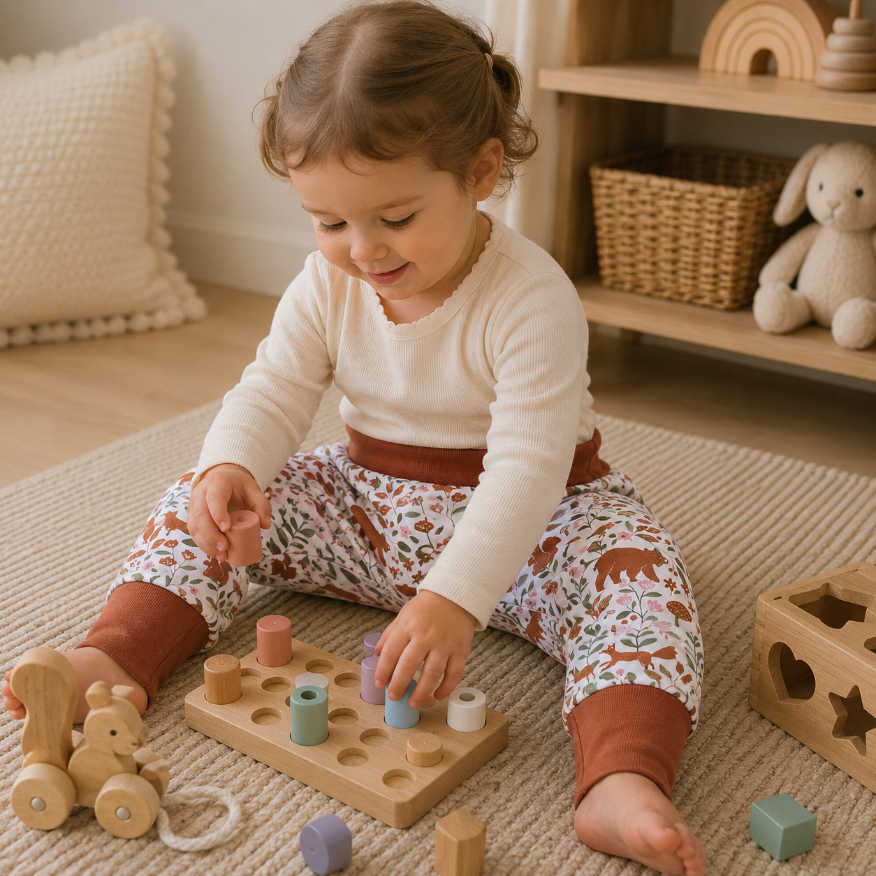 Petite fille assise jouant avec des jouets en bois portant un pantalon évolutif motifs forêt automnale et animaux sauvages.