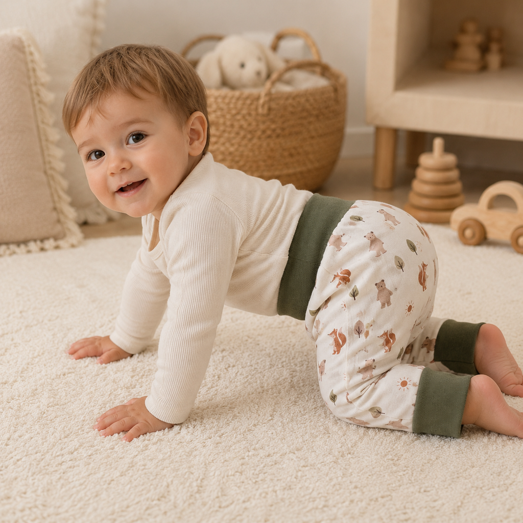 Bébé en train de ramper avec pantalon évolutif motifs forêt et animaux sur fond naturel