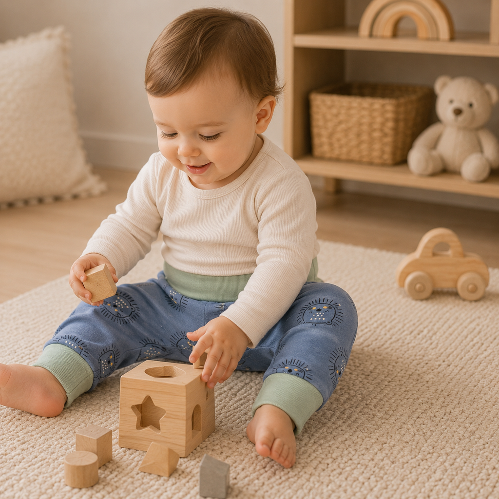 Bébé assis sur un tapis jouant avec des cubes en bois portant un pantalon évolutif bleu