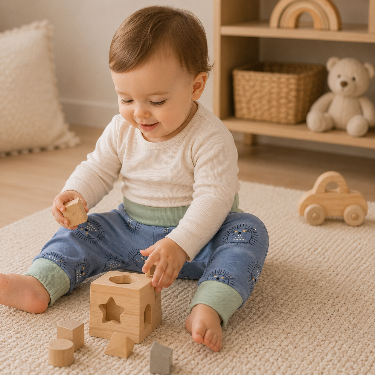 Bébé assis sur un tapis jouant avec des cubes en bois portant un pantalon évolutif bleu