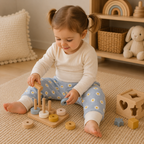 Petite fille avec couettes jouant au sol avec pantalon évolutif bleu clair à marguerites