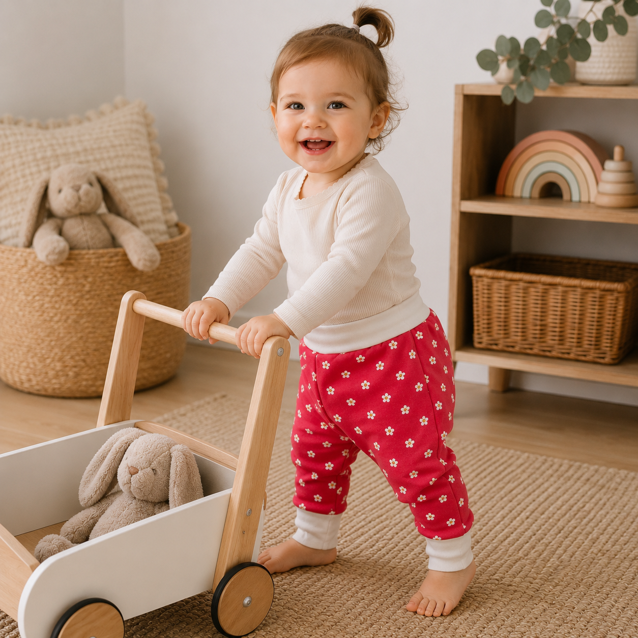 Petite fille debout avec un chariot en bois portant un pantalon évolutif rouge à petites fleurs blanches