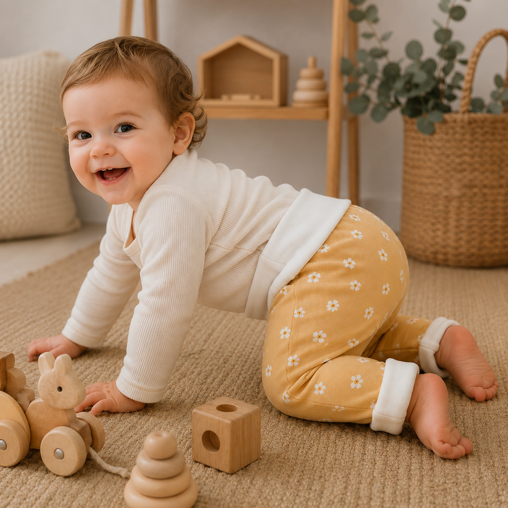 Bébé à quatre pattes jouant avec des jouets en bois portant un pantalon évolutif jaune à motifs marguerites avec taille et chevilles retroussées