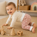 Bébé à quatre pattes jouant avec des jouets en bois portant un pantalon évolutif rose poudré à motifs marguerites avec taille et chevilles retroussées.