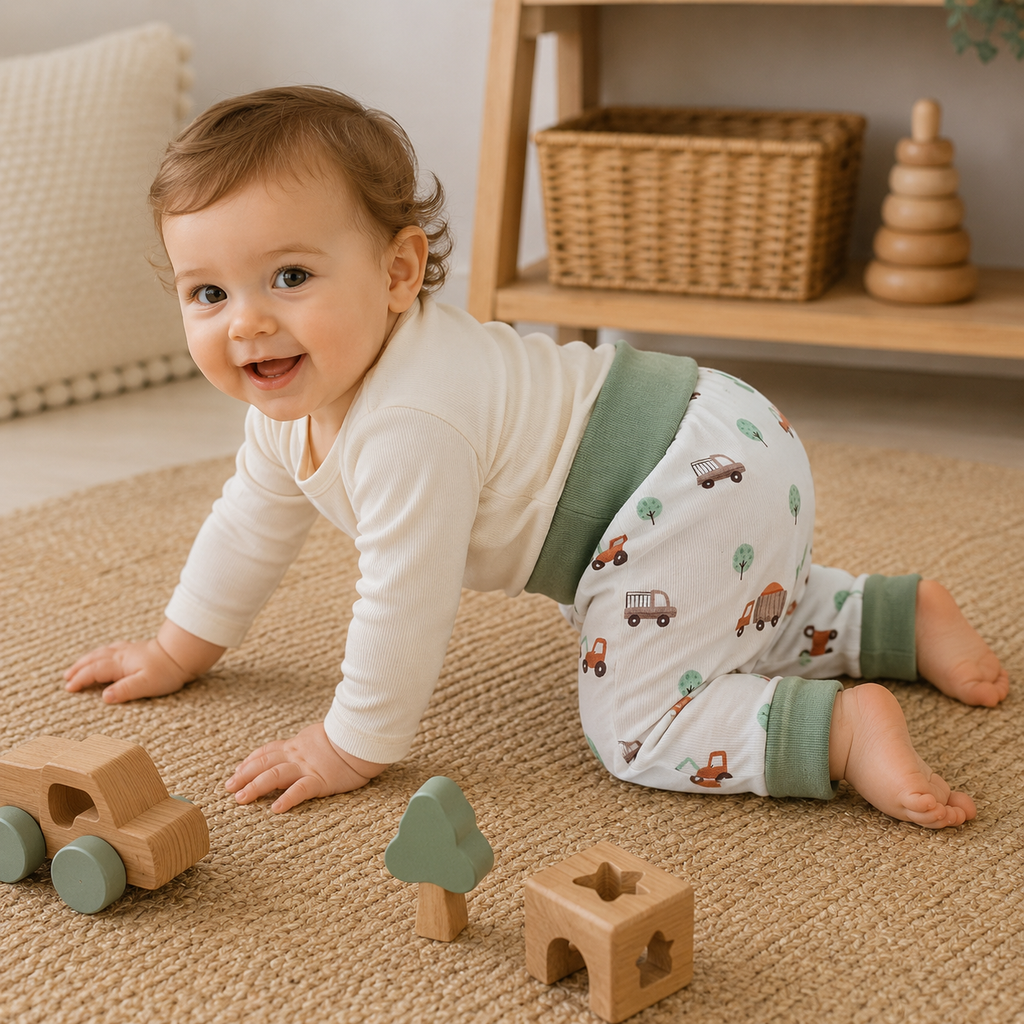 Bébé à quatre pattes jouant sur un tapis avec des jouets en bois portant un pantalon évolutif motif petits véhicules et arbres verts avec taille et chevilles retroussées