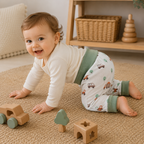 Bébé à quatre pattes jouant sur un tapis avec des jouets en bois portant un pantalon évolutif motif petits véhicules et arbres verts avec taille et chevilles retroussées