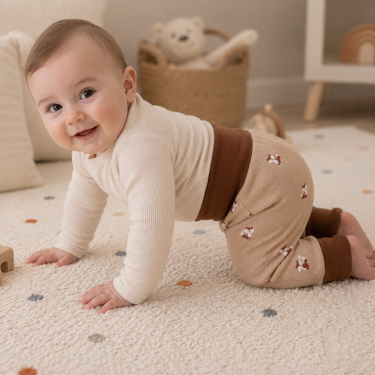 Bébé à quatre pattes portant un pantalon évolutif beige à motifs renards et bords marron