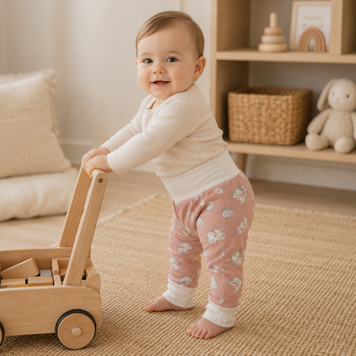 Bébé debout tenant un chariot en bois avec pantalon évolutif rose à motifs renards