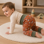 Bébé portant un pantalon évolutif terracotta à motifs savane en position quatre pattes