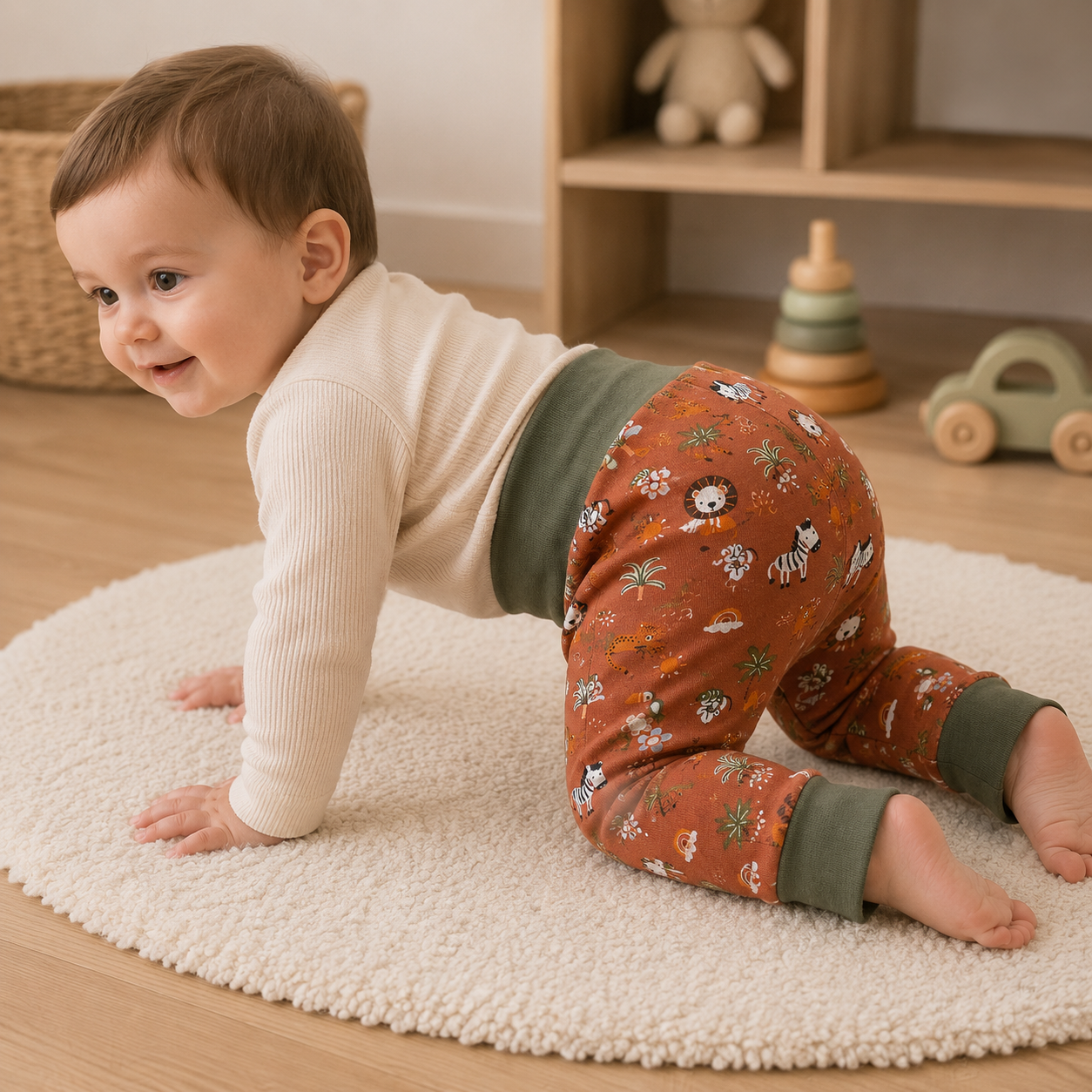 Bébé portant un pantalon évolutif terracotta à motifs savane en position quatre pattes