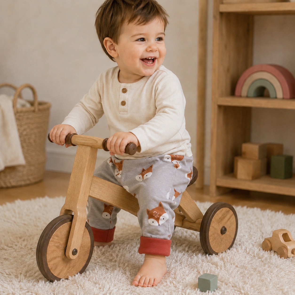 petit garçon sur un vélo avec pantalon évolutif renard