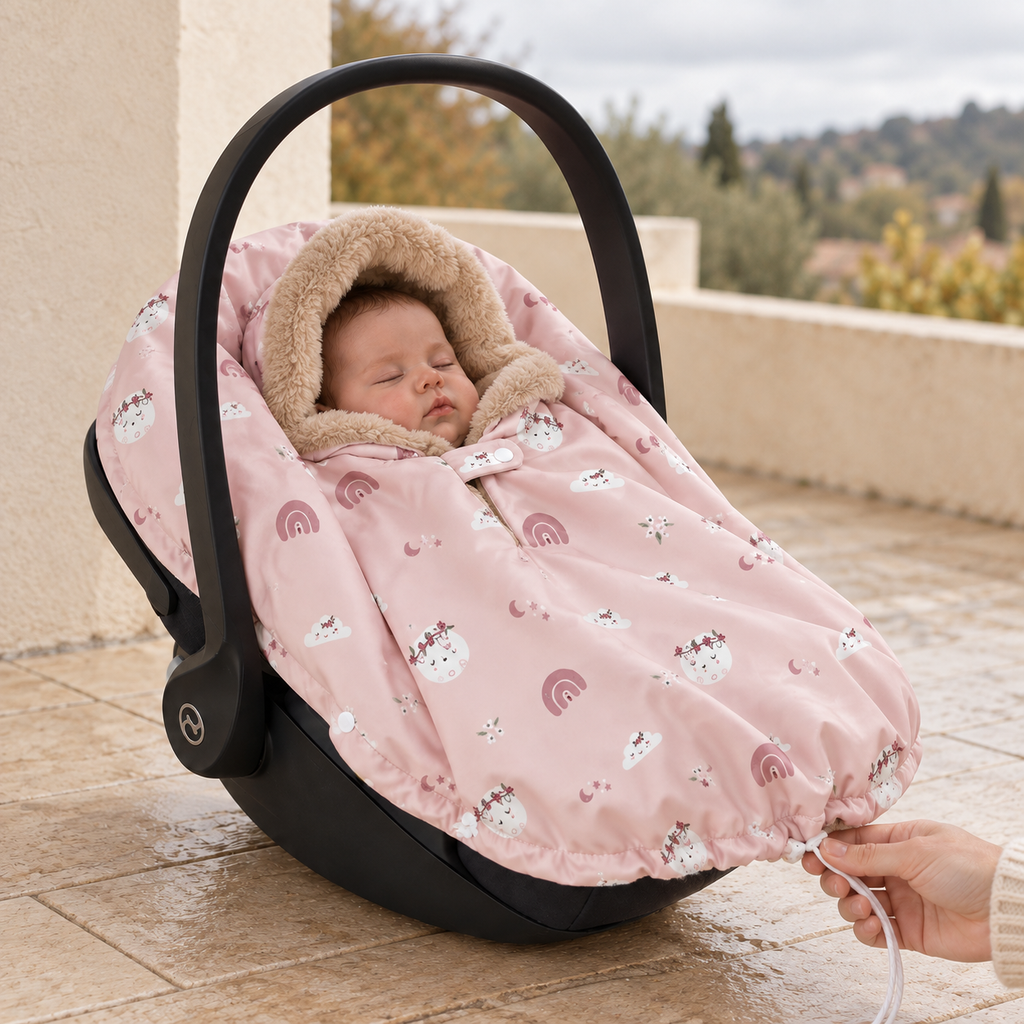 Bébé installé dans un Maxi-Cosi sous un poncho rose à motifs d’arcs-en-ciel et de petites lunes, resserré autour du siège grâce à son cordon.